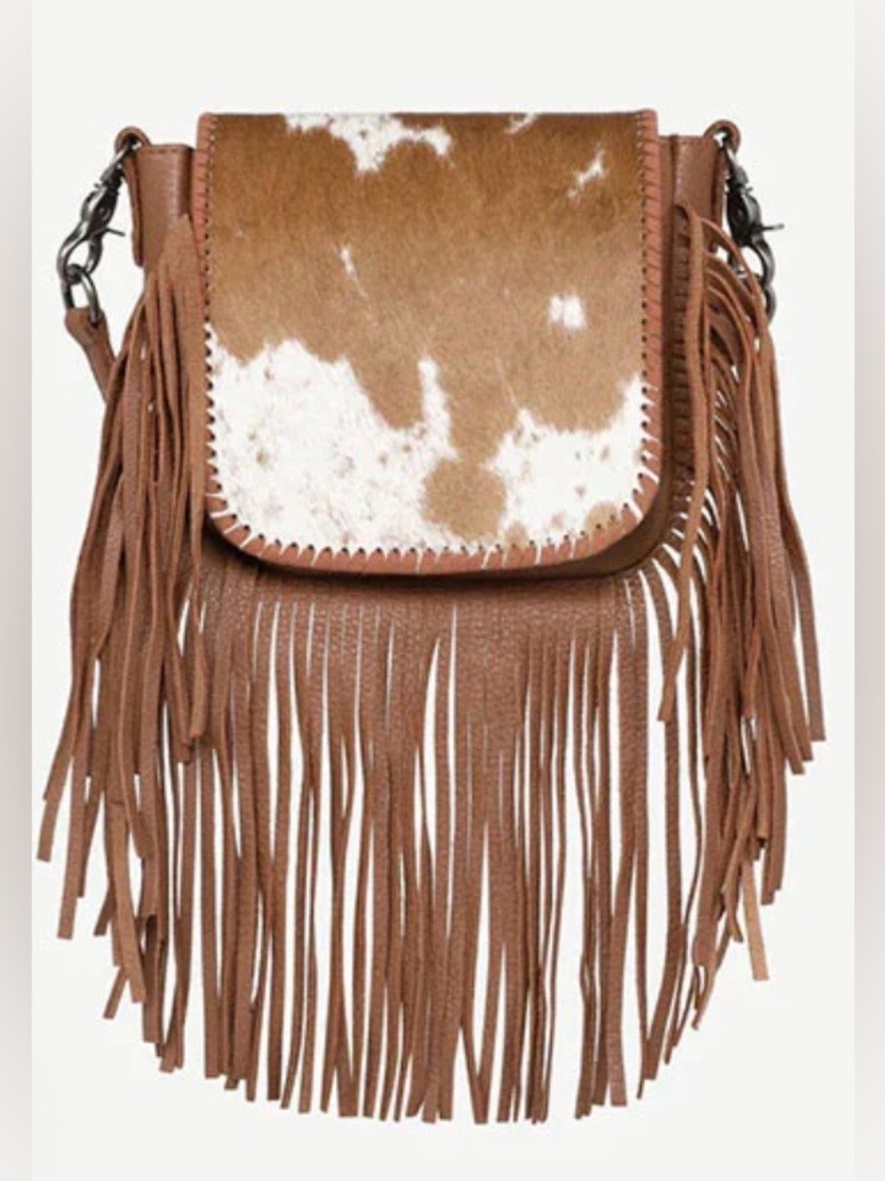 Montana West Brown & White Cowhide Fringe Crossbody - Picture 12 of 14